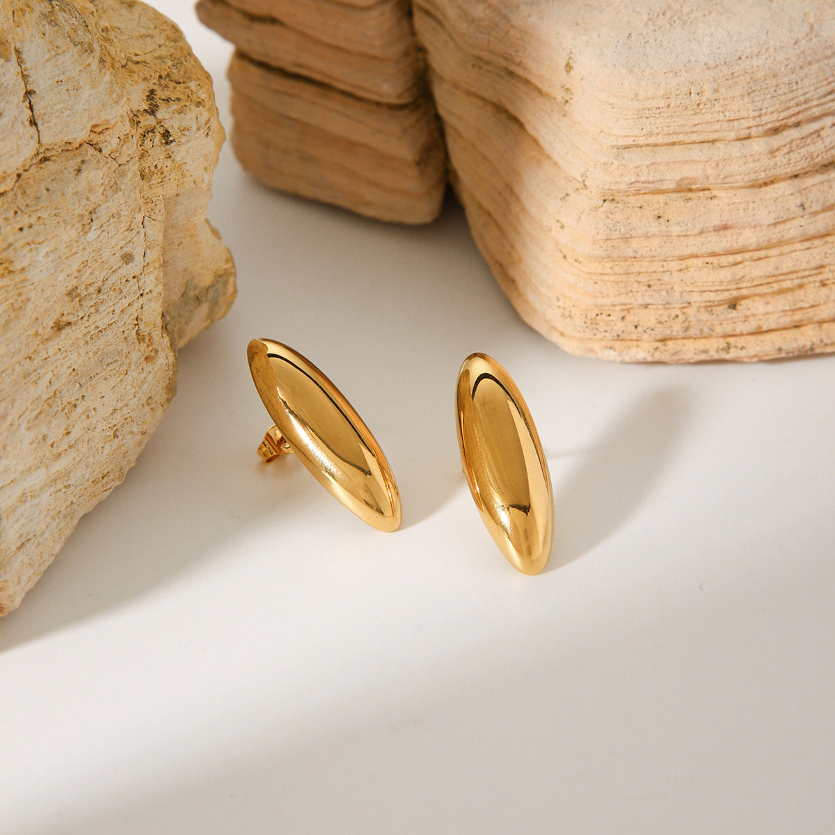 Minimalist Geometric Stainless Steel Stud Earrings for Women with Polished Oval Shape and Anti-Tarnish Plating