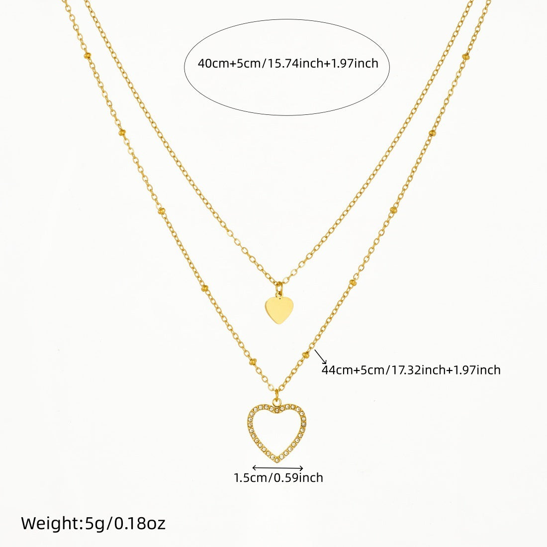 Gold Plated Stainless Steel Heart Rhinestone Inlay Hollow Pendant Layered Necklace for Women