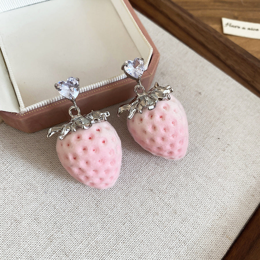 Juego de collar y pendientes de acero inoxidable con forma de fresa, bañados en oro rosa con detalles de diamantes de imitación para mujer