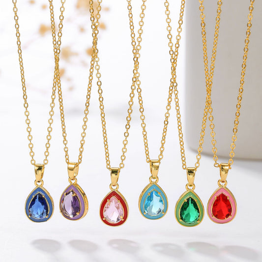 Minimalist Teardrop-Shaped Copper Necklace with Genuine Gold Plating and Cubic Zirconia Pendant for Women