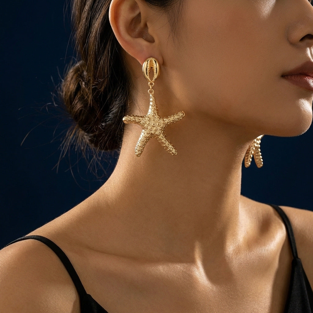 Vintage Geometric Starfish Shell Conch Pattern Plated Alloy Earrings for Women
