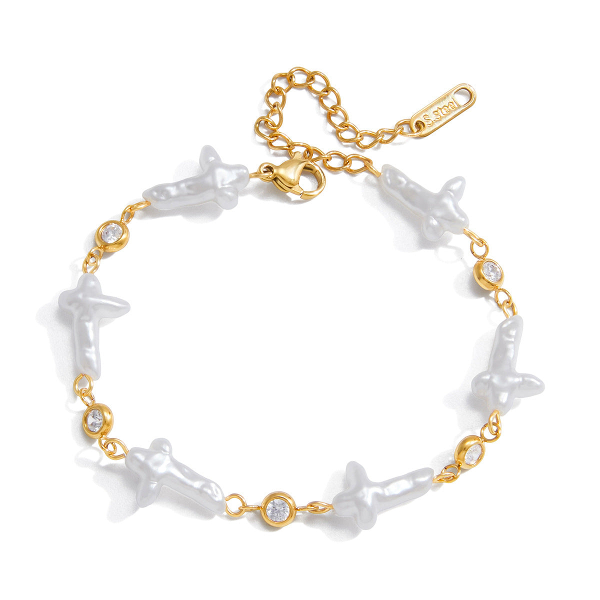 Bracciale di lusso minimalista con croce geometrica in acciaio al titanio placcato oro 18 carati e perle finte, gioielli di moda da donna