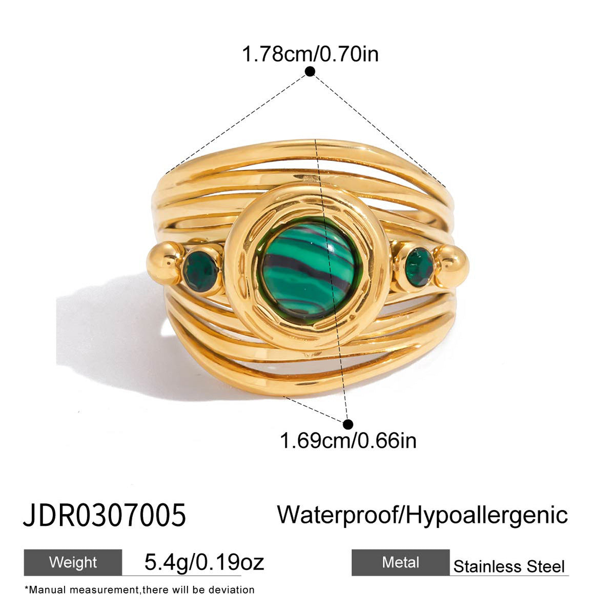 Anillo de Acero Inoxidable de Titanio Geométrico Chapado para Mujer con Acento de Malaquita, Accesorio de Moda Lujoso y Minimalista