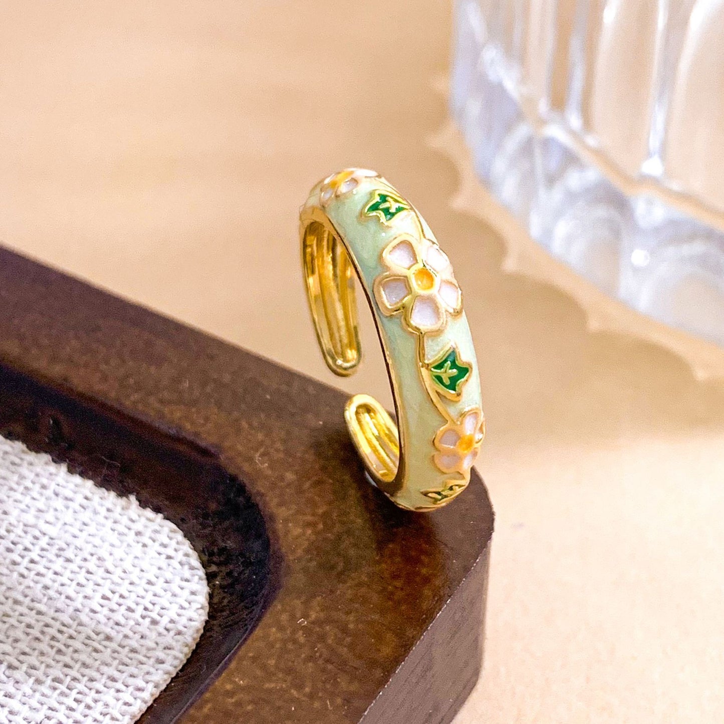 Vintage Sweet Enamel Floral Gold Plated Brass Ring for Women