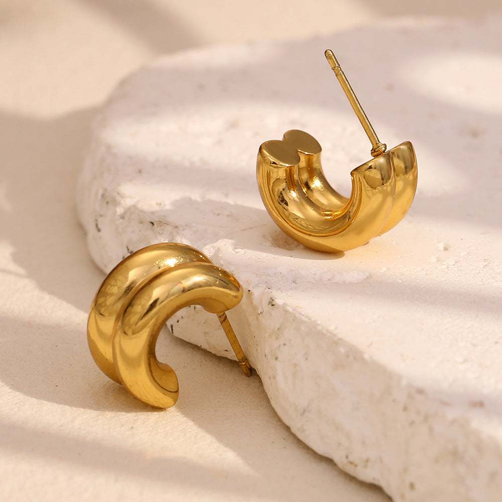 Minimalist Geometric Stainless Steel Ear Cuffs for Women with 18K Gold Plating Double-Layer Small Hoop Design
