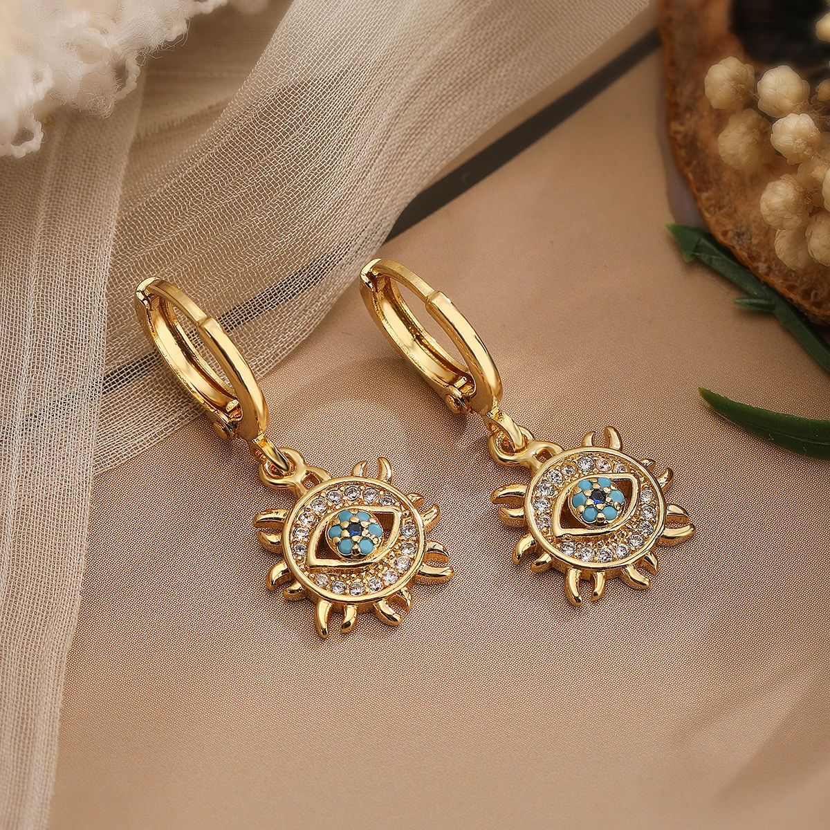 Vintage Geometric Evil Eye 18K Gold Plated Copper Zircon Inlay Jewelry Set for Women