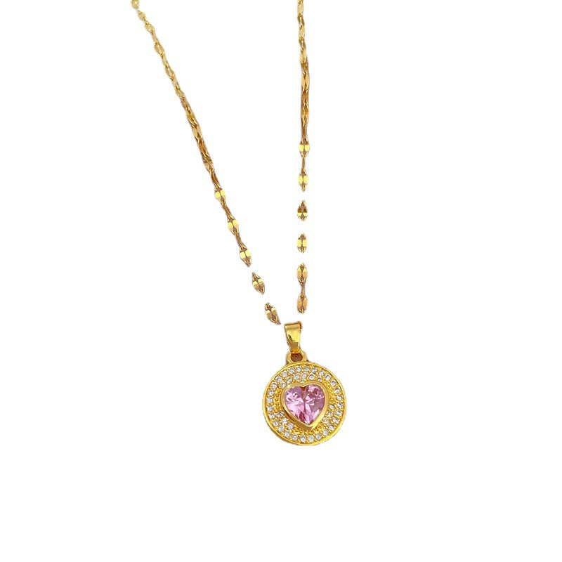 Minimalist Heart-Shaped Titanium Steel Necklace with Rhinestone Inlay, Floral Petal Pendant Design for Women