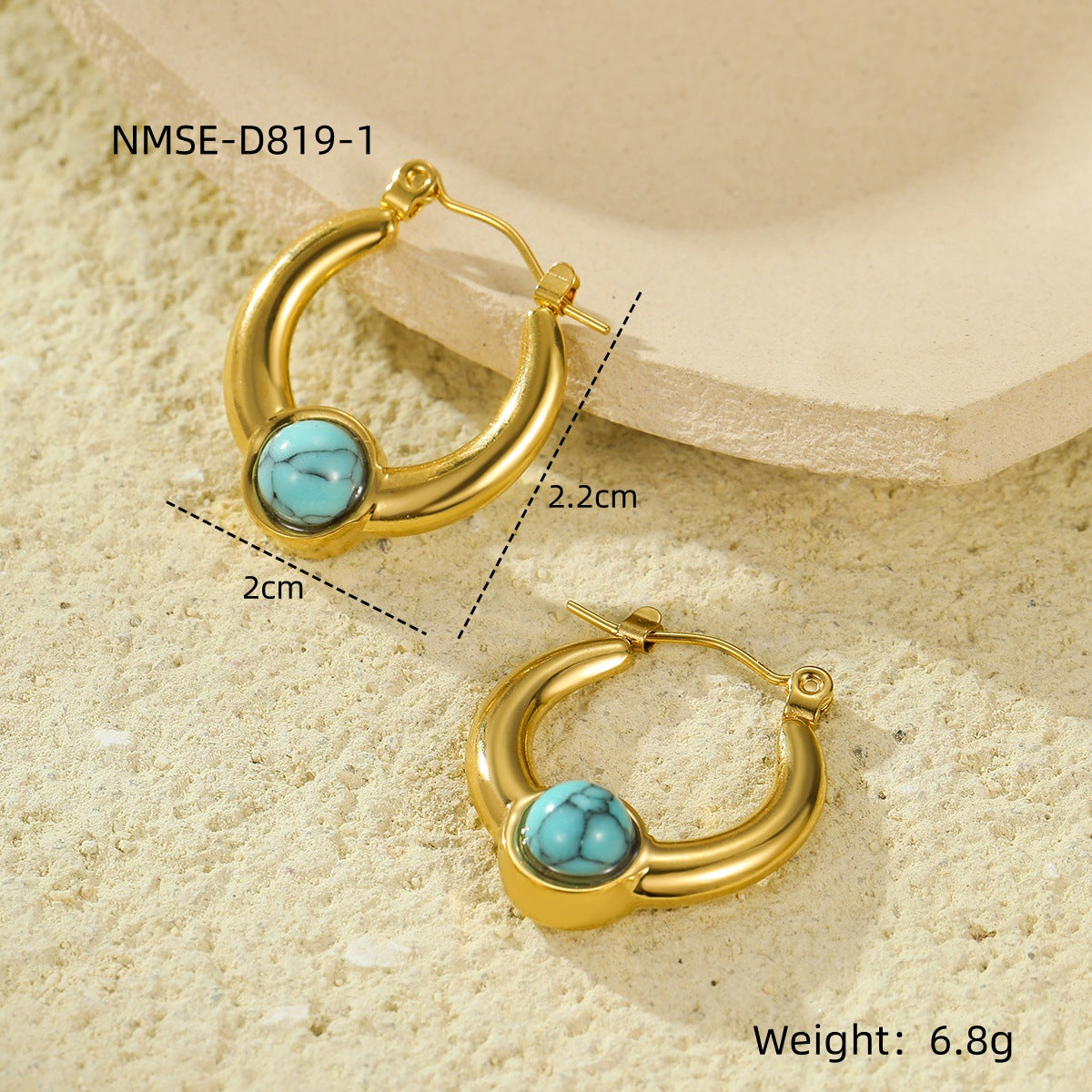 Vintage Style U-Shaped Titanium Steel Earrings with 18K Gold Plating and Natural Stone Inlay for Women