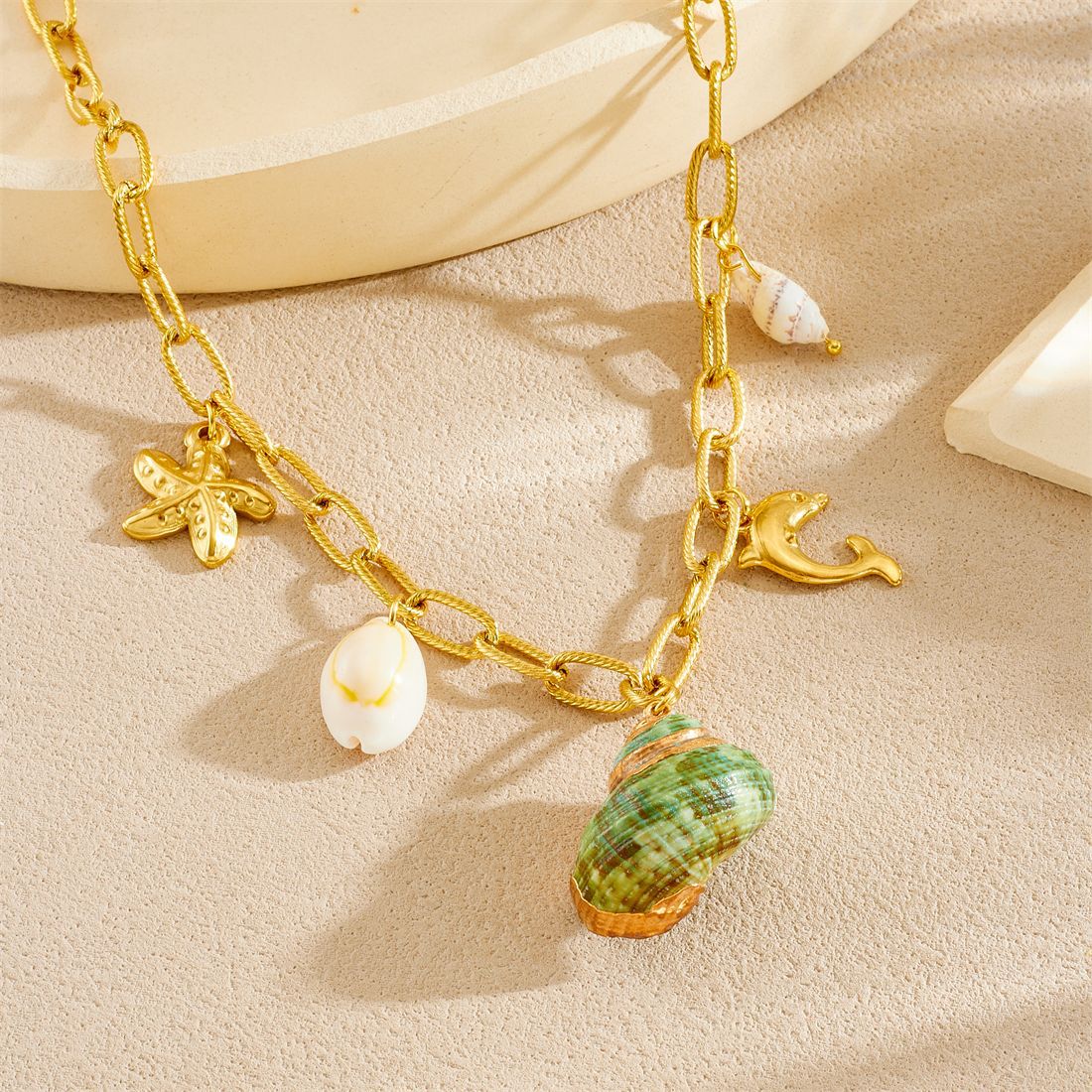 Vintage Gold Plated Animal Starfish Dolphin Shell Conch Pendant Stainless Steel Curb Chain Necklace for Women