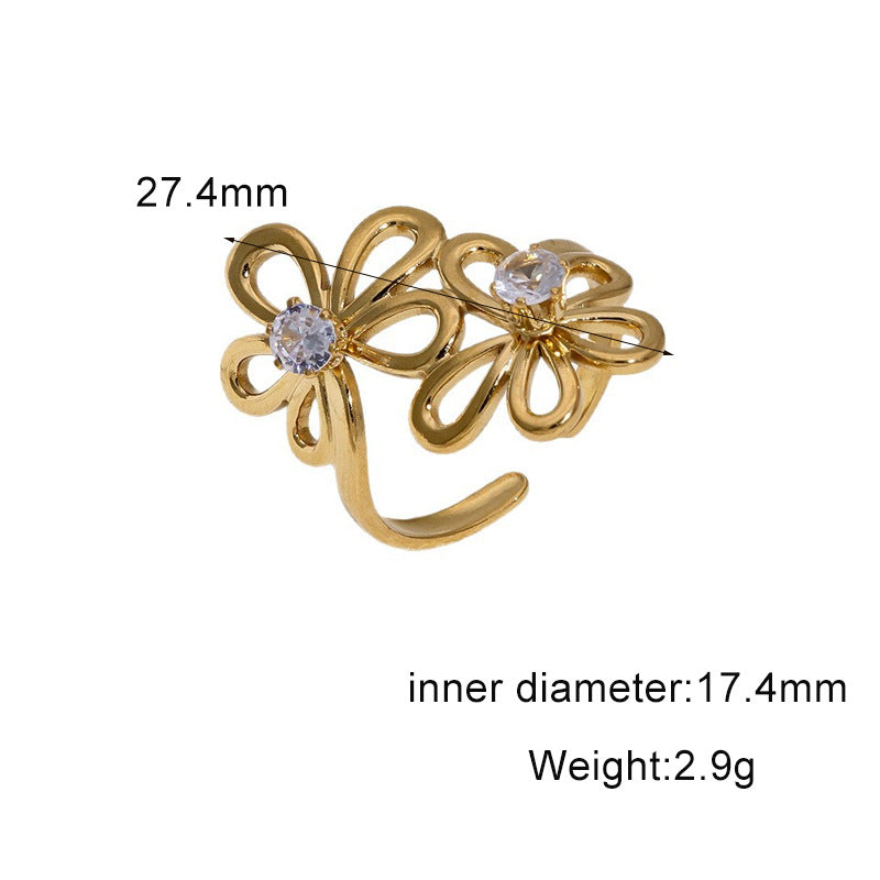Minimalist 18K Gold Plated Geometric Star Cubic Zirconia Inlay Stainless Steel Open Ring for Women