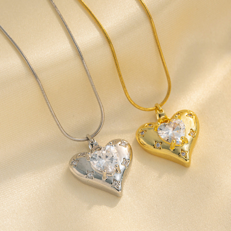 Fashionable Heart-Shaped Titanium Steel Pendant Necklace with Micro-Paved Zirconia on Snake Chain for Women