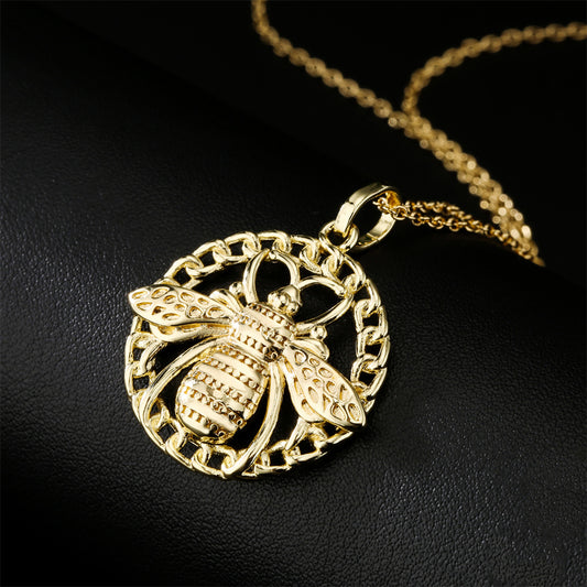 Vintage Bohemian Geometric Bee Gold Plated Brass Necklace with Cubic Zirconia Inlay Cable Chain