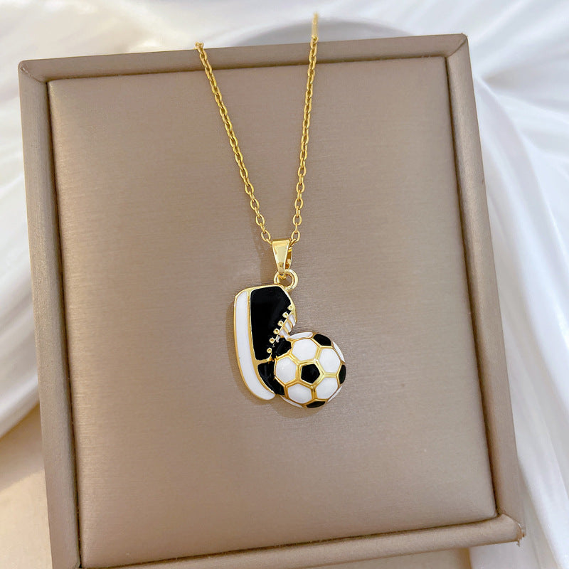 Sweet Sporty Geometric Drip Oil Rhinestone Soccer Shoe Pendant Necklace Titanium Steel Cable Chain