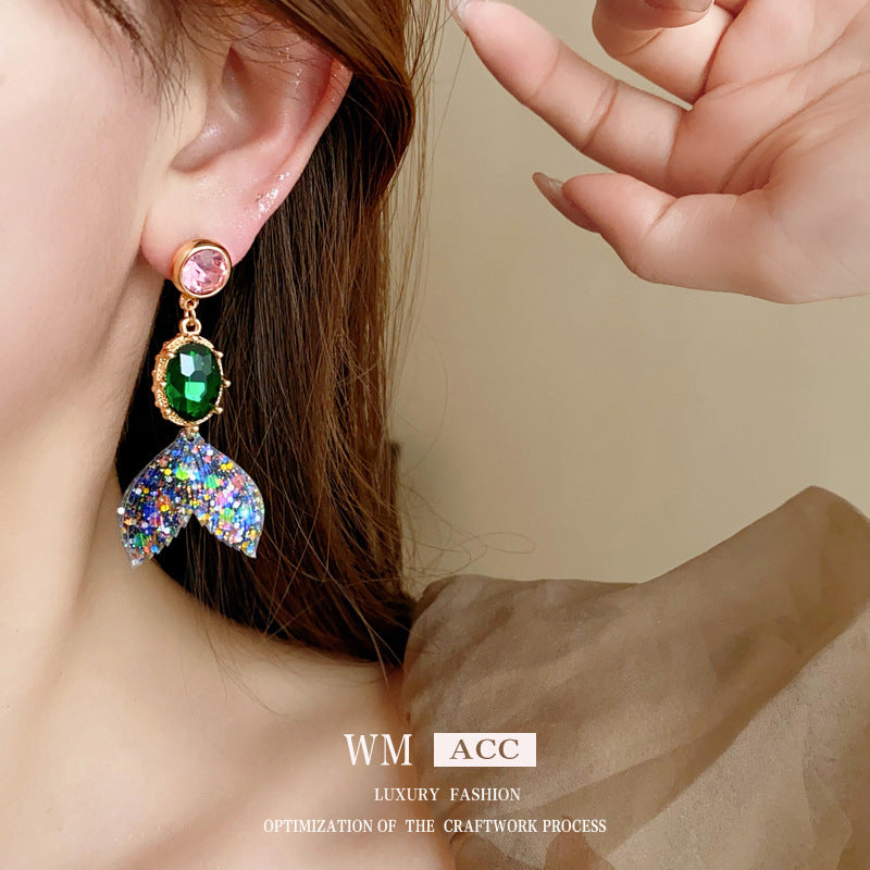 Vintage-Style Fish Tail Earrings with Rhinestone Inlay in Alloy with Plated Steel Posts for Women