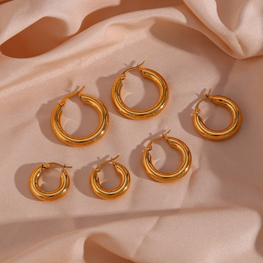 Pendientes de aro de acero inoxidable geométricos de lujo minimalista con baño de oro de 18 quilates, acabado sólido liso