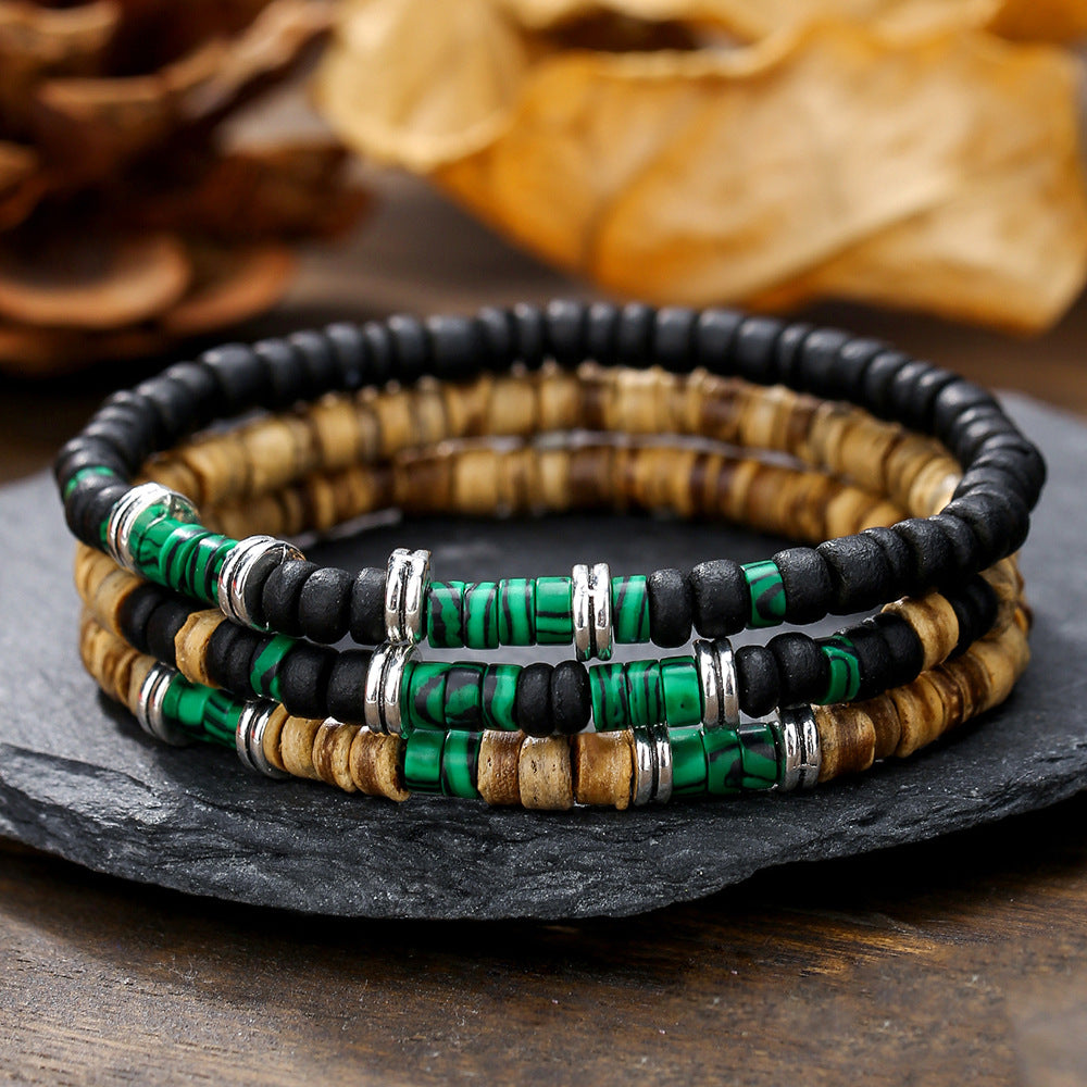 Vintage Bohemian Green Peacock Coconut Wood Beaded Stackable Bracelet for Men and Women