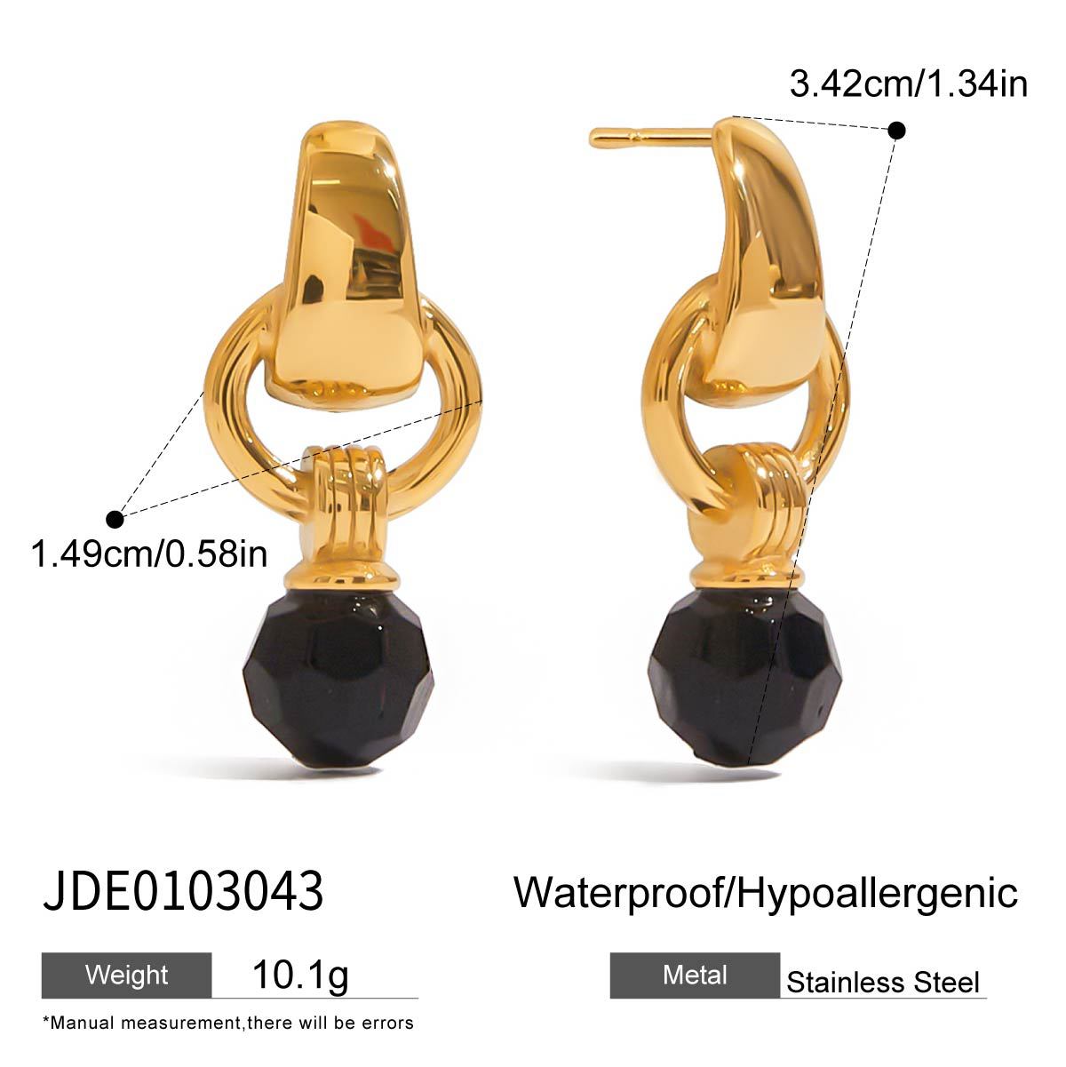 Orecchini a perno geometrici minimalistici in agata nera in acciaio inossidabile con placcatura in oro PVD sottovuoto per donna