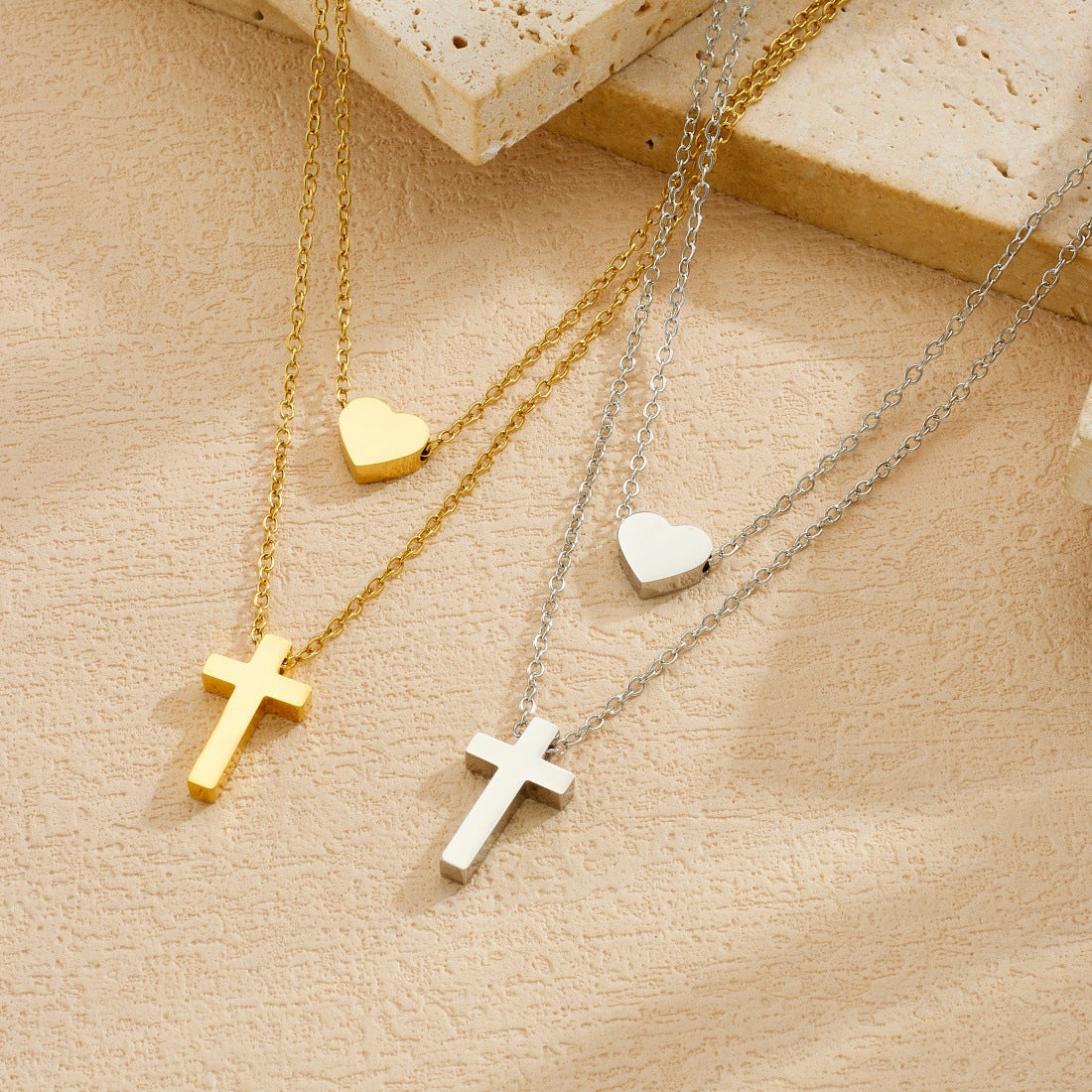 Minimalist Gold Plated Stainless Steel Heart Cross Pendant Necklace for Women