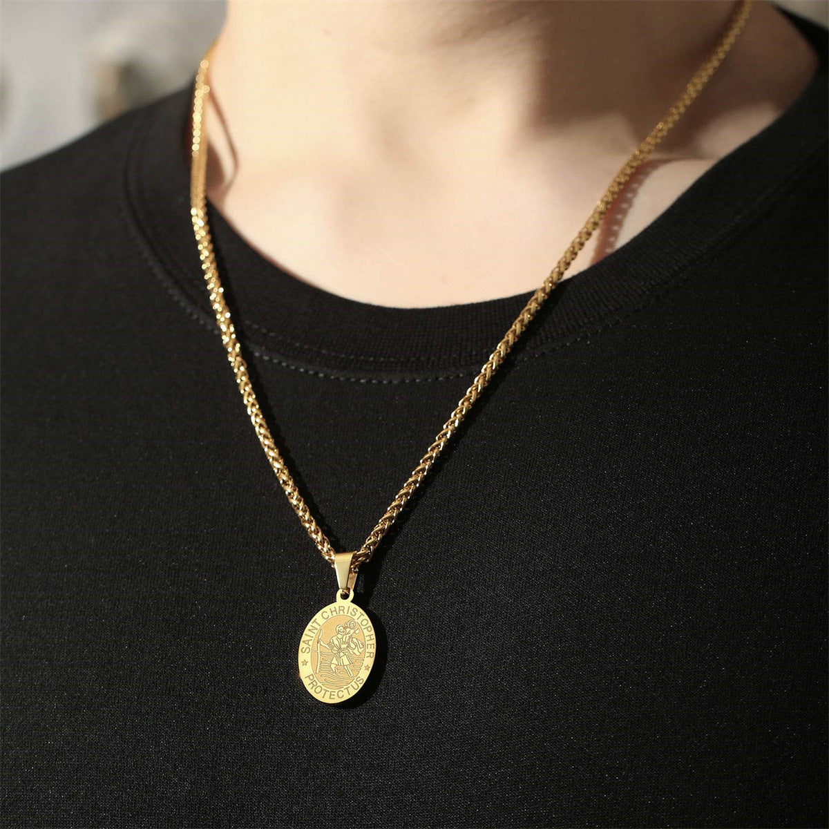 Minimalist Geometric Stainless Steel Saint Christopher Pendant Necklace with Plated Titanium Steel Charm for Women