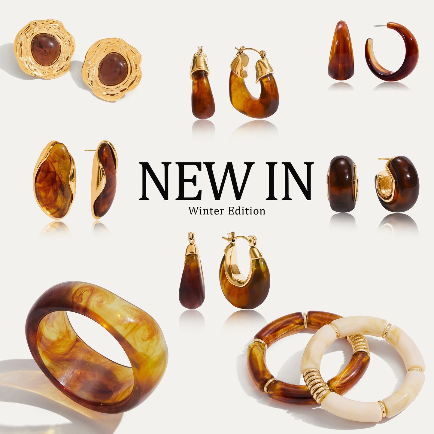 Conjunto de pulsera de resina de acero inoxidable y titanio de forma irregular y pendientes acrílicos de ámbar para mujer