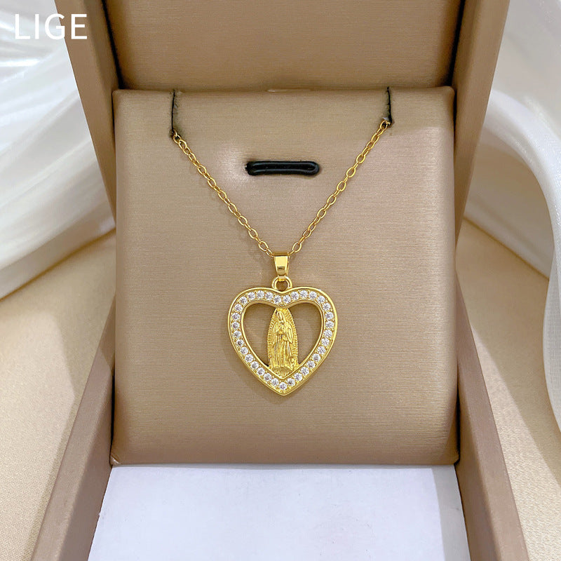 Collana minimalista in acciaio al titanio a forma di cuore con intarsio completo di strass da donna, delicata catena clavicola