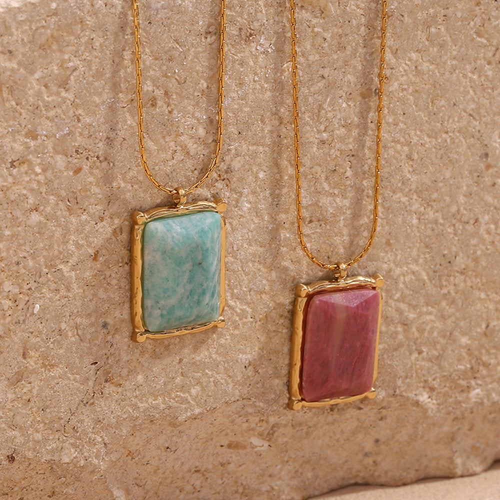 Collana con pendente geometrico rettangolare in pietra naturale, alla moda, da donna, in acciaio inossidabile placcato oro 18 carati