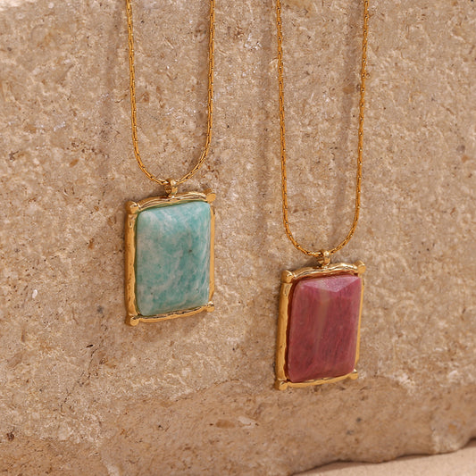 Fashionable Geometric Rectangle Natural Stone Pendant Necklace for Women in Stainless Steel with 18K Gold Plating