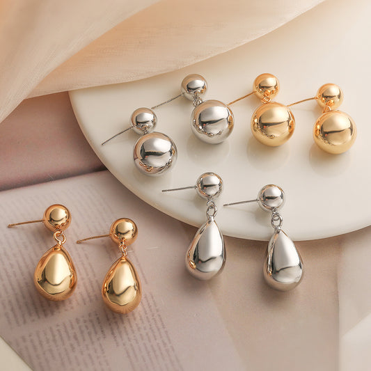 Orecchini Pendenti da Donna Minimalisti Geometrici a Sfera Tonda Lucida Placcati Oro Rame