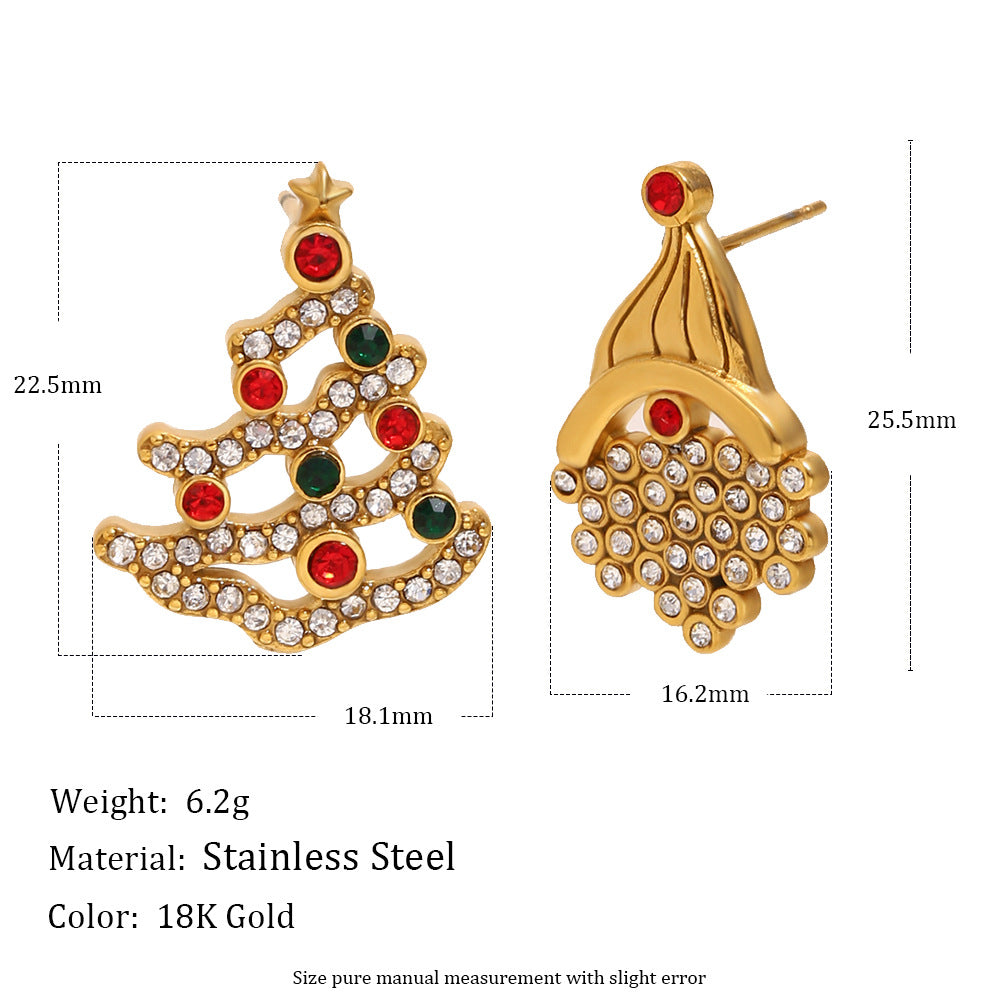 Orecchini da donna minimalisti geometrici a tema natalizio in acciaio inossidabile con placcatura in oro 18 carati e dettagli in strass colorati