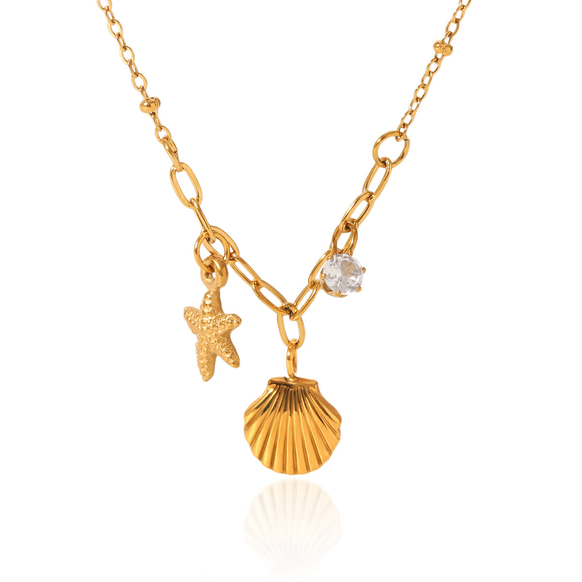 Minimalist Starfish and Seashell Pendant Necklace in Stainless Steel with Rhinestone Inlay, Titanium Steel Locket Chain, Ocean-Inspired Geometric Design for Women