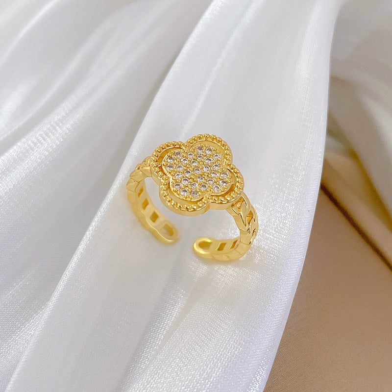 Minimalist Sweet Gold Plated Brass Adjustable Clover Ring for Women and Couples