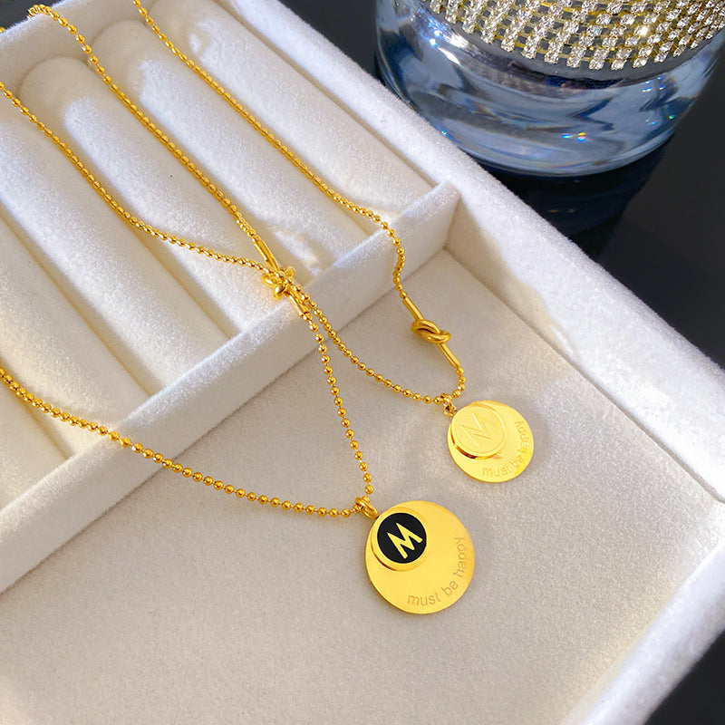 Vintage Letter M Geometric Titanium Steel Plated Necklace with Cubic Zirconia