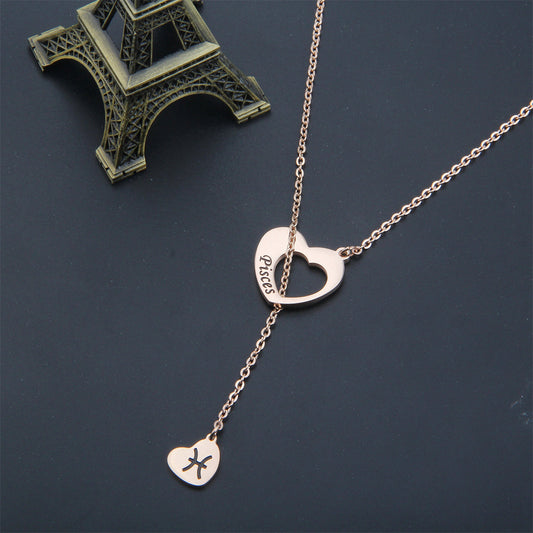 Natural and Fresh Sweet Heart-Shaped Stainless Steel Lariat Y Necklace with Polished Titanium Steel Pendant for Women
