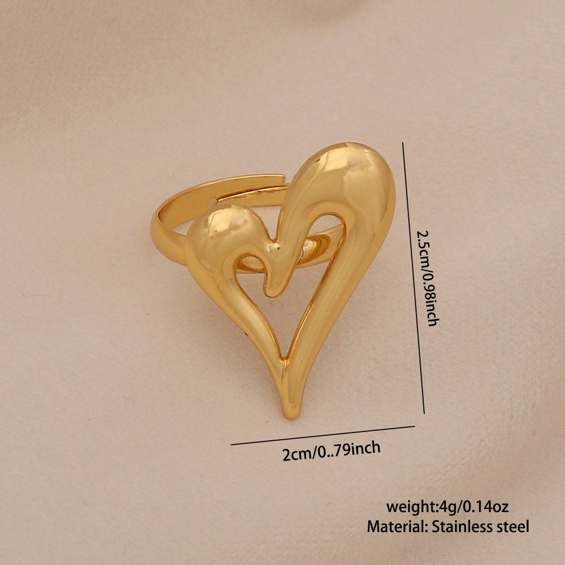 Anello in acciaio inossidabile da donna con farfalla e cuore, finitura placcata