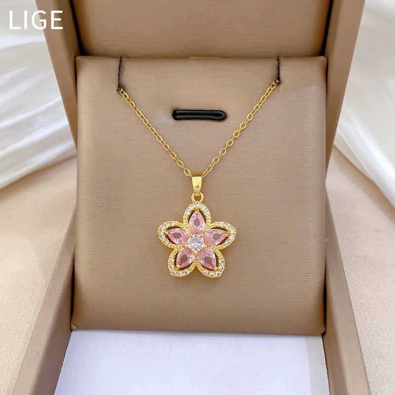 Sweet and Fresh Pink Five-Petal Flower Pendant Necklace in Titanium Steel with Rhinestone Inlay for Women