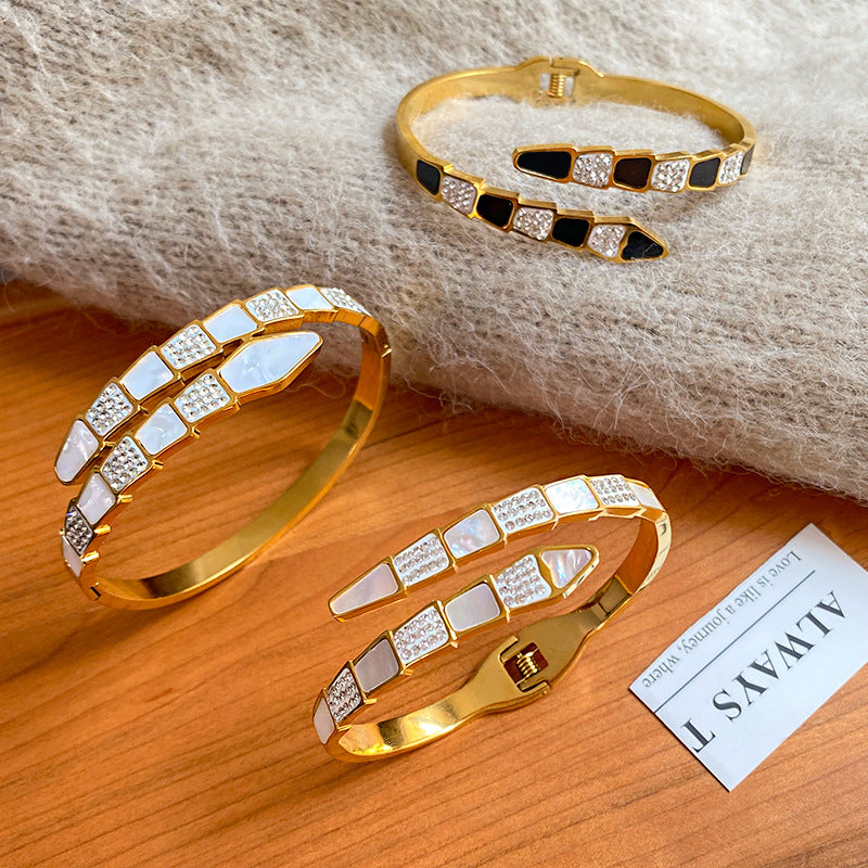 Minimalist Snake Shape Micro-Inlaid Cubic Zirconia Titanium Steel Snake Chain Bracelet