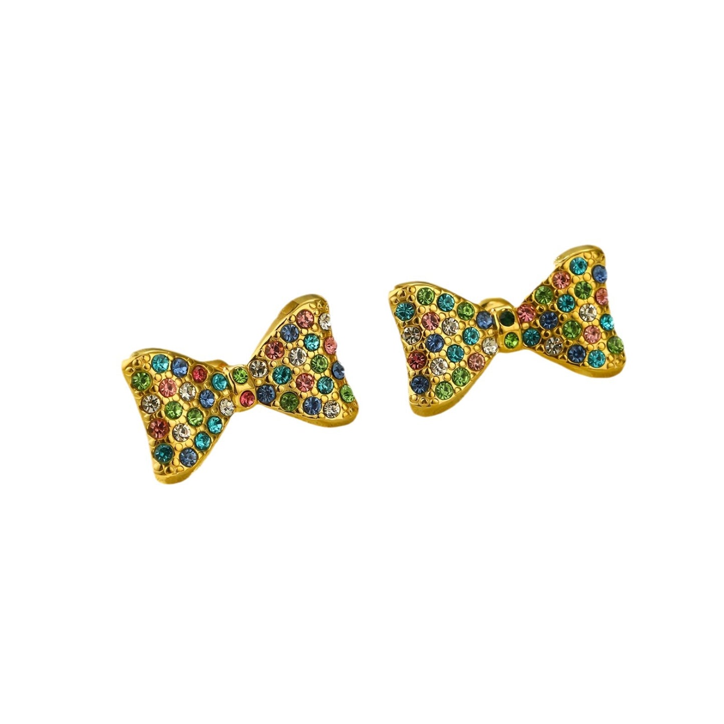Elegante conjunto de pendientes y collar con forma de lazo de acero de titanio con incrustaciones de pedrería colorida para mujer