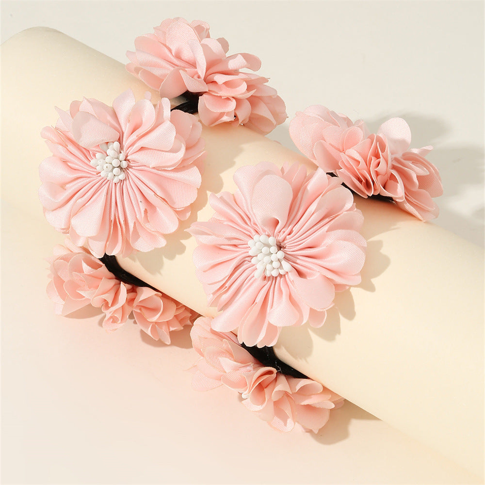 Elegant Floral Hair Ties Set for Kids - Solid Color Fabric Hair Bands with Flower Embellishment in Princess Style