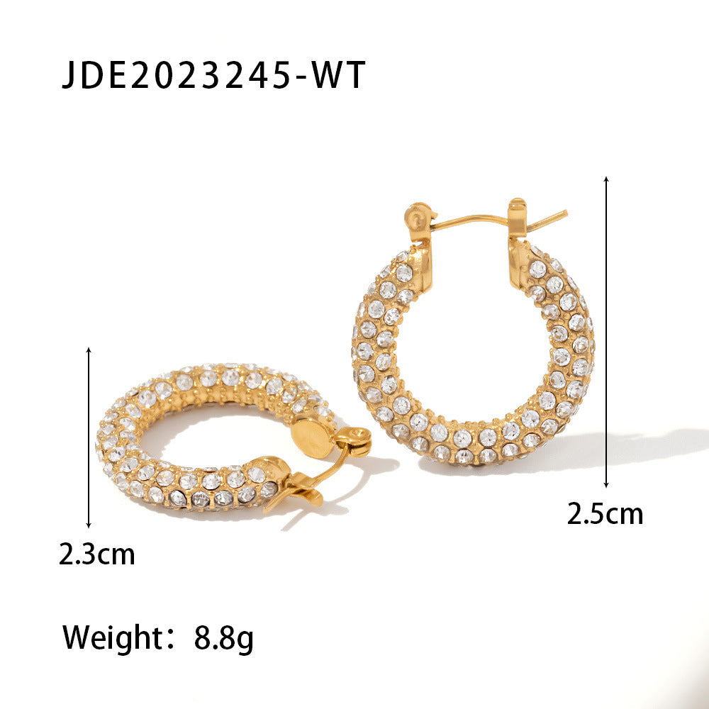 Minimalist Geometric Stainless Steel Hoop Earrings with 18K Gold Plating and White Square Cubic Zirconia Inlay