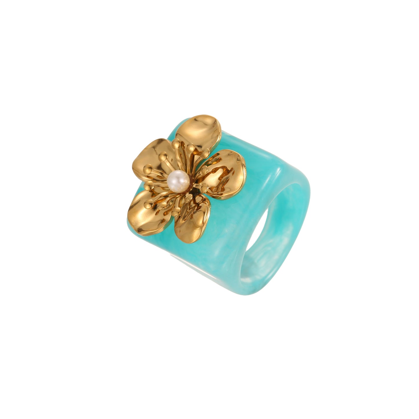 Anillo de lujo de resina floral y perlas en acero inoxidable con diseño geométrico y acabado chapado para mujer