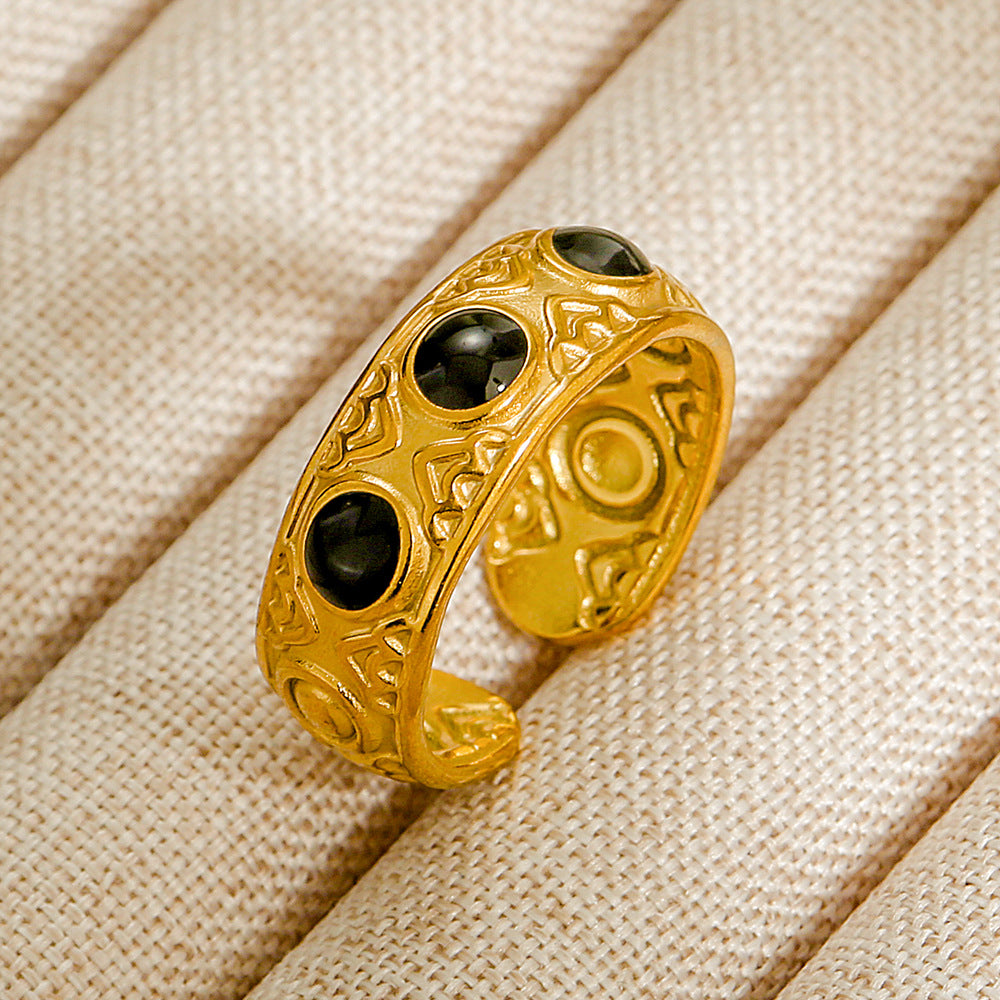 Vintage INS Style Stainless Steel Adjustable Ring with Natural Stone Inlay in Geometric Heart Zodiac and Animal Shapes