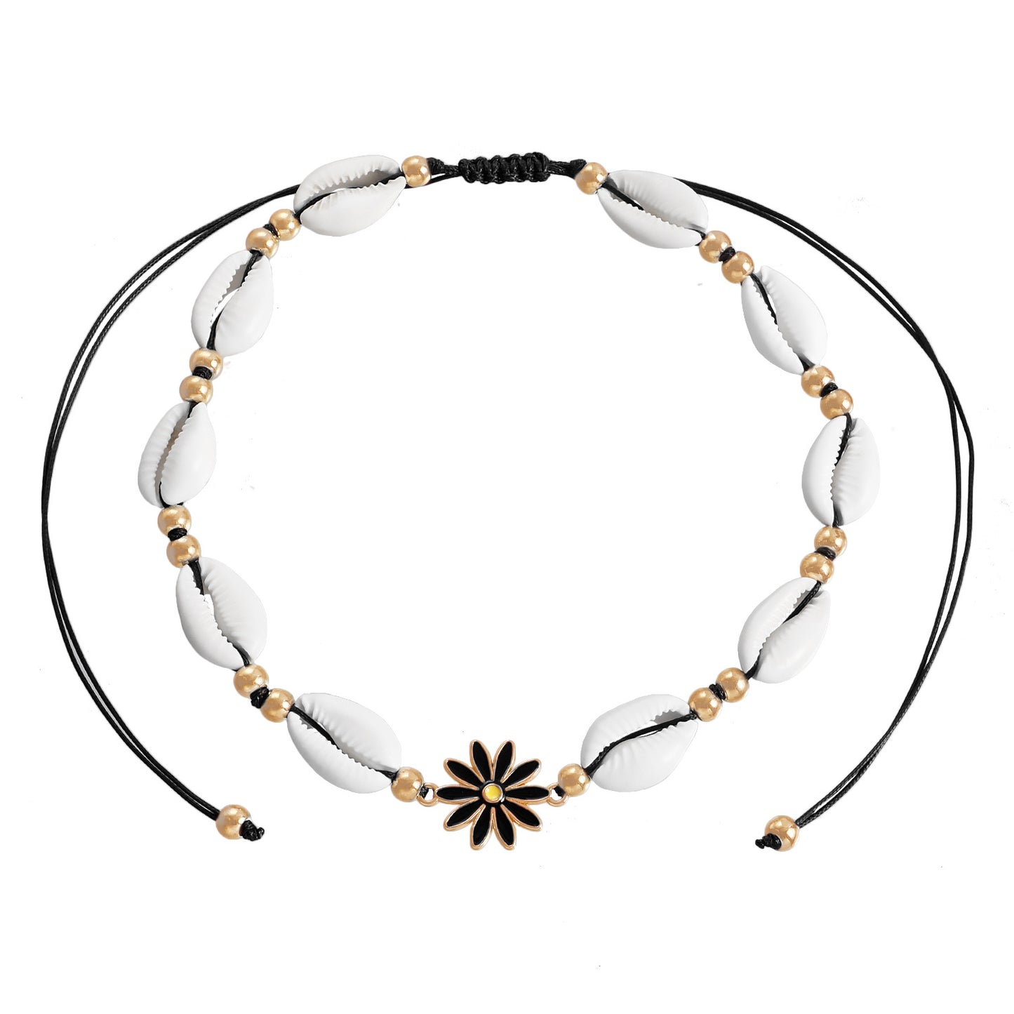 Collar con colgante de margarita bohemia con dije de concha en cordón ajustable para mujer