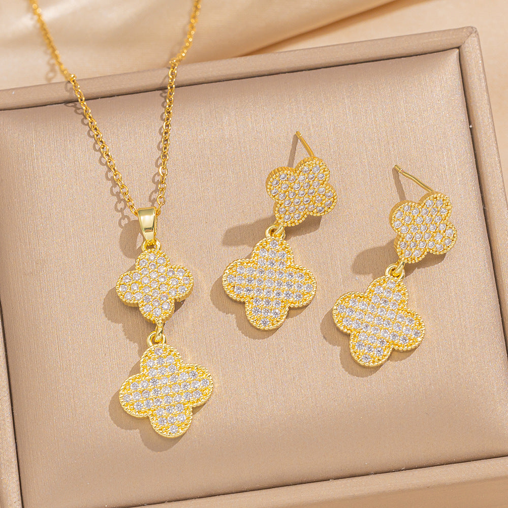 Set di Collana e Orecchini con Ciondolo a Goccia a Cuore Minimalista di Lusso in Acciaio al Titanio con Intarsi di Strass e Placcatura in Oro su Catena a O