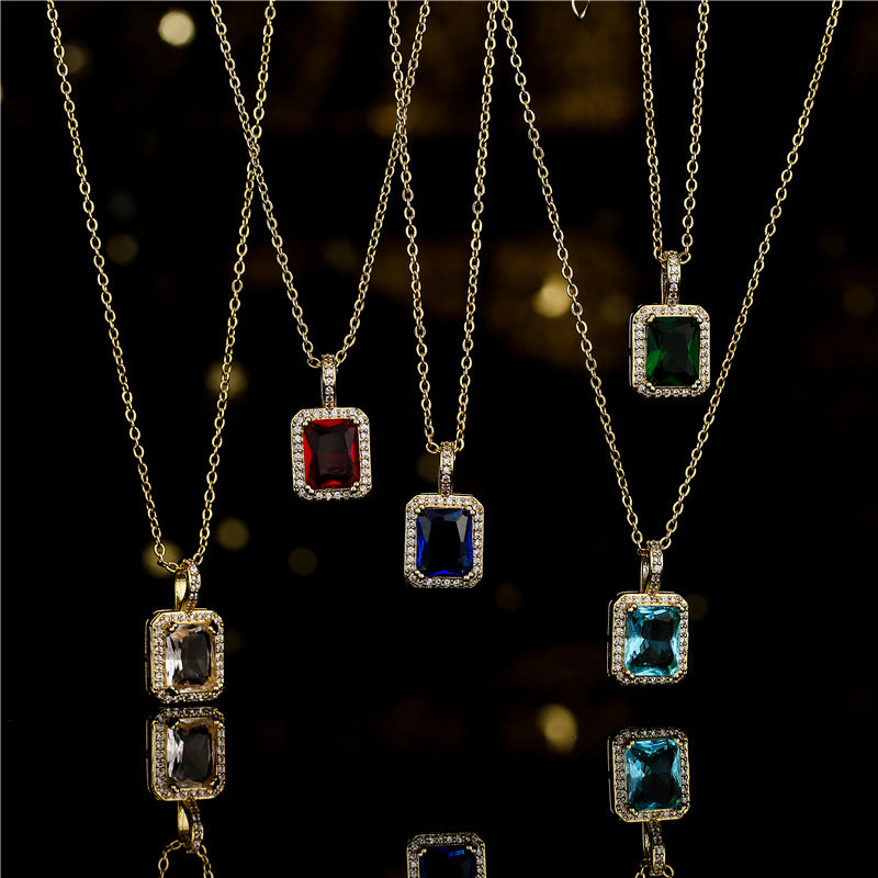 Minimalist Geometric Square Cubic Zirconia Inlay Brass Necklace with Cable Chain for Women