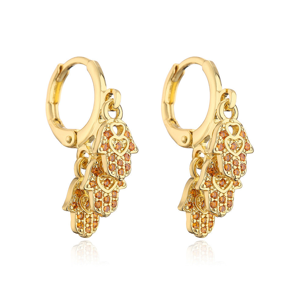 Minimalist Geometric Fatima Hand Pendant Earrings for Women with Copper Base Plated in 18K Gold and Micro-Paved Zirconia