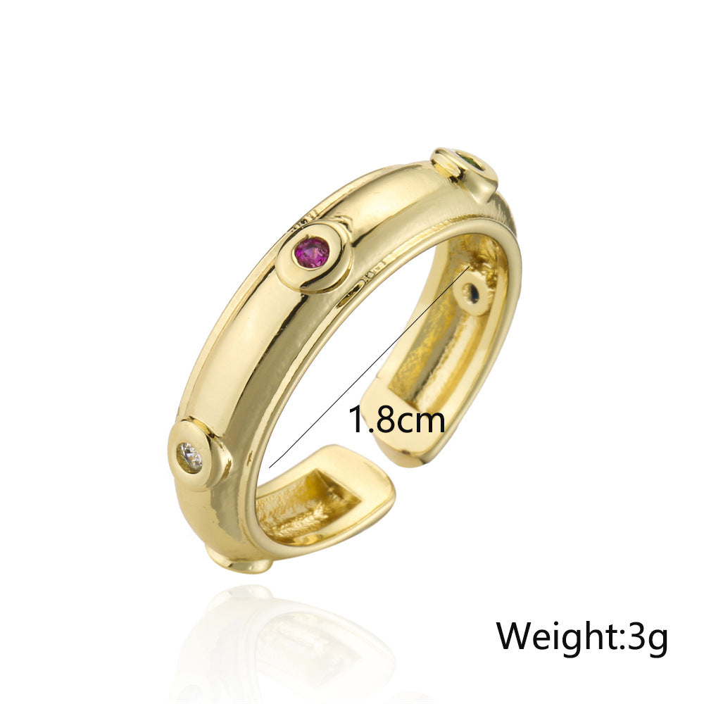 Anello Aperto Geometrico da Donna in Rame con Placcatura in Oro 18K e Intarsio di Zirconi