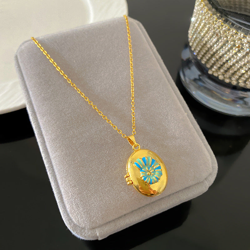 Vintage Enamel Drip Oil Oval Heart Brass Pendant Titanium Steel Necklace Cable Chain