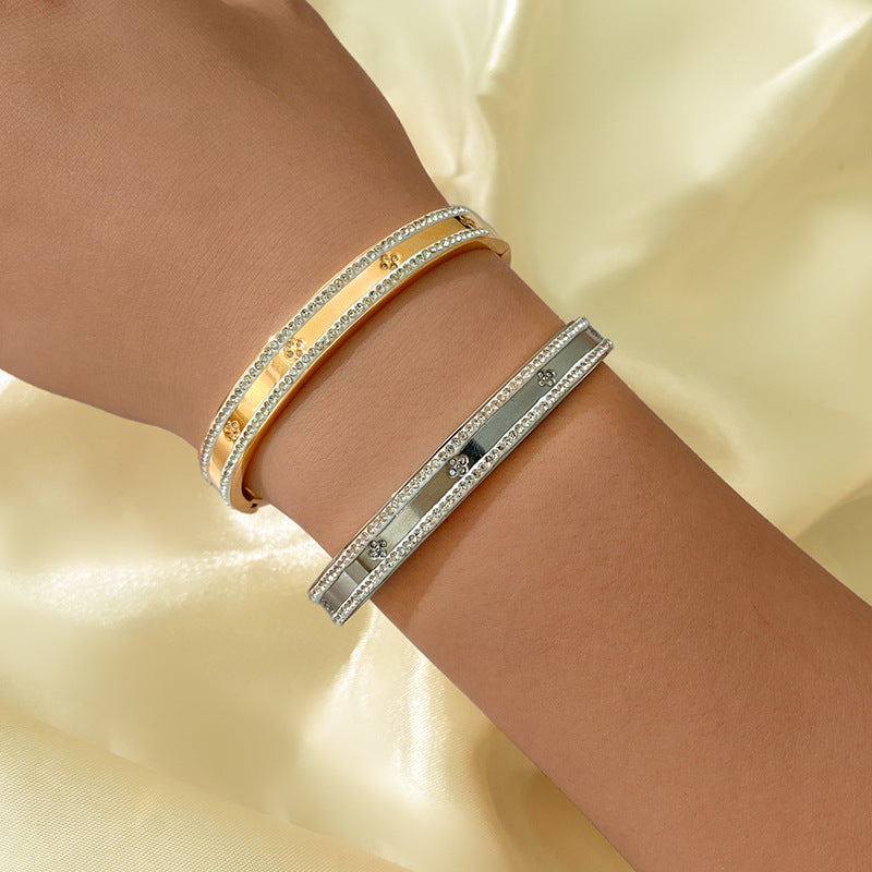 Vintage Double Row Cubic Zirconia Floral Plated Titanium Steel Bracelet