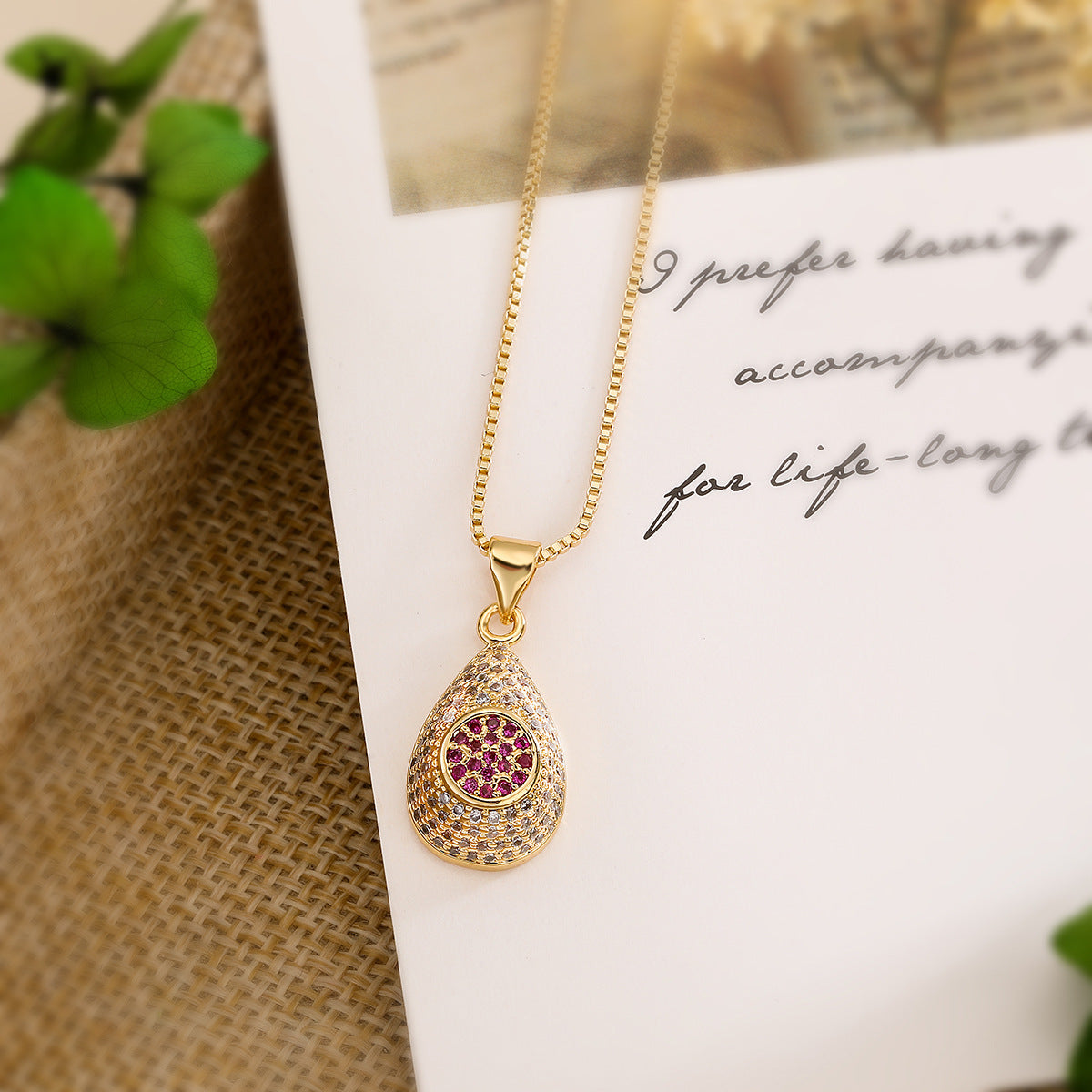 Minimalist Teardrop-Shaped Copper Necklace with 18K Gold Plating and Zircon Accents for Women
