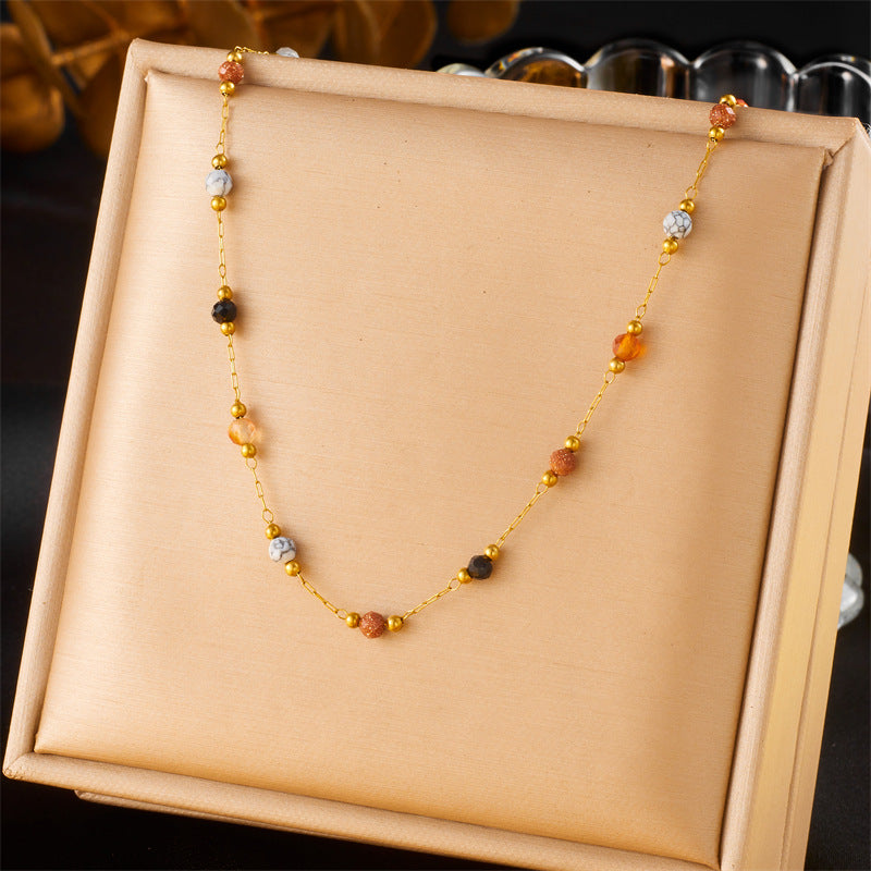 Vintage Fashion Geometric Colored Stone Beaded Stainless Steel Plated Necklace